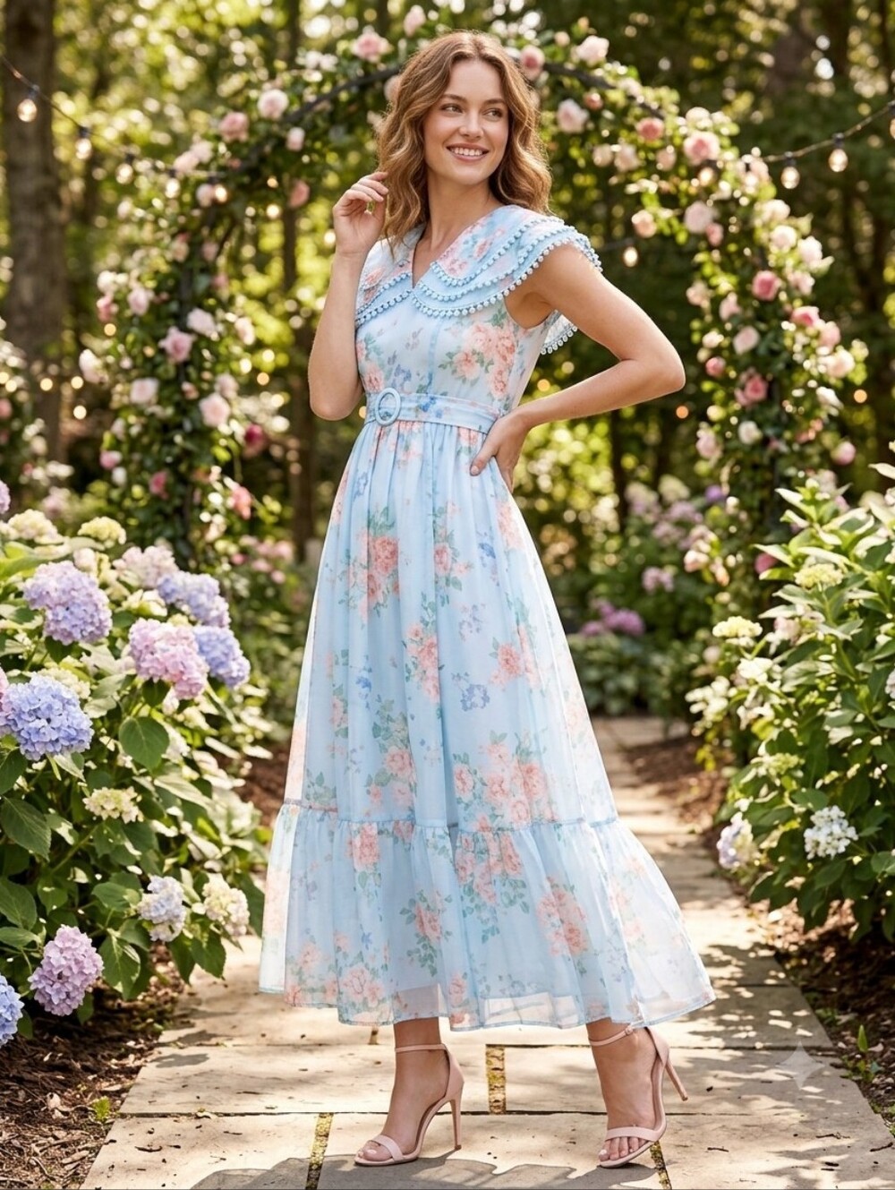 Dalia Macphee Womens Oversized Collar Floral Maxi Dress With Belt